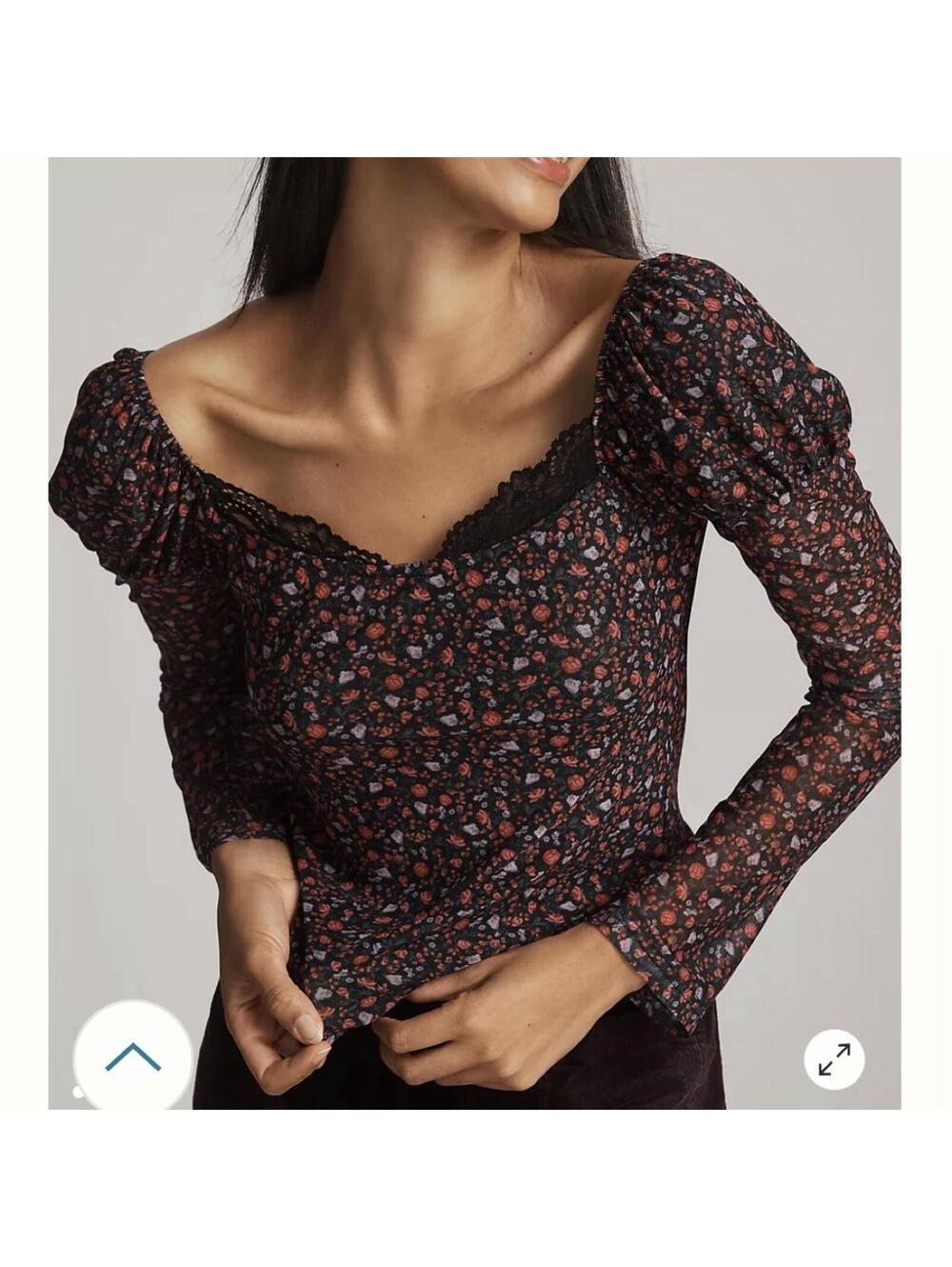 Maeve Mutton-Sleeve Scoop-Neck Ditsy Floral Top size XS cottagecore romantic